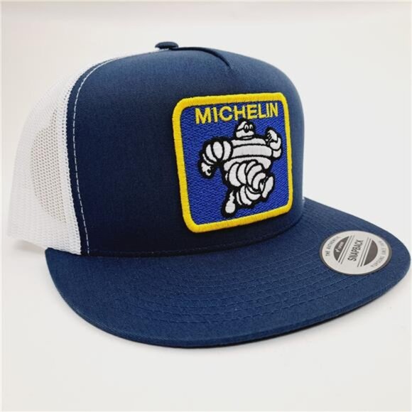 Retro 70s Michelin Man Flat Bill Snapback Mesh Trucker Embroidered Patch Blu Whi - Picture 3 of 4